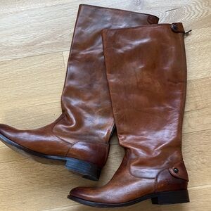 Frye Melissa Button Back Cognac Leather Tall Riding Extended Calf Boots - Sz 8.5